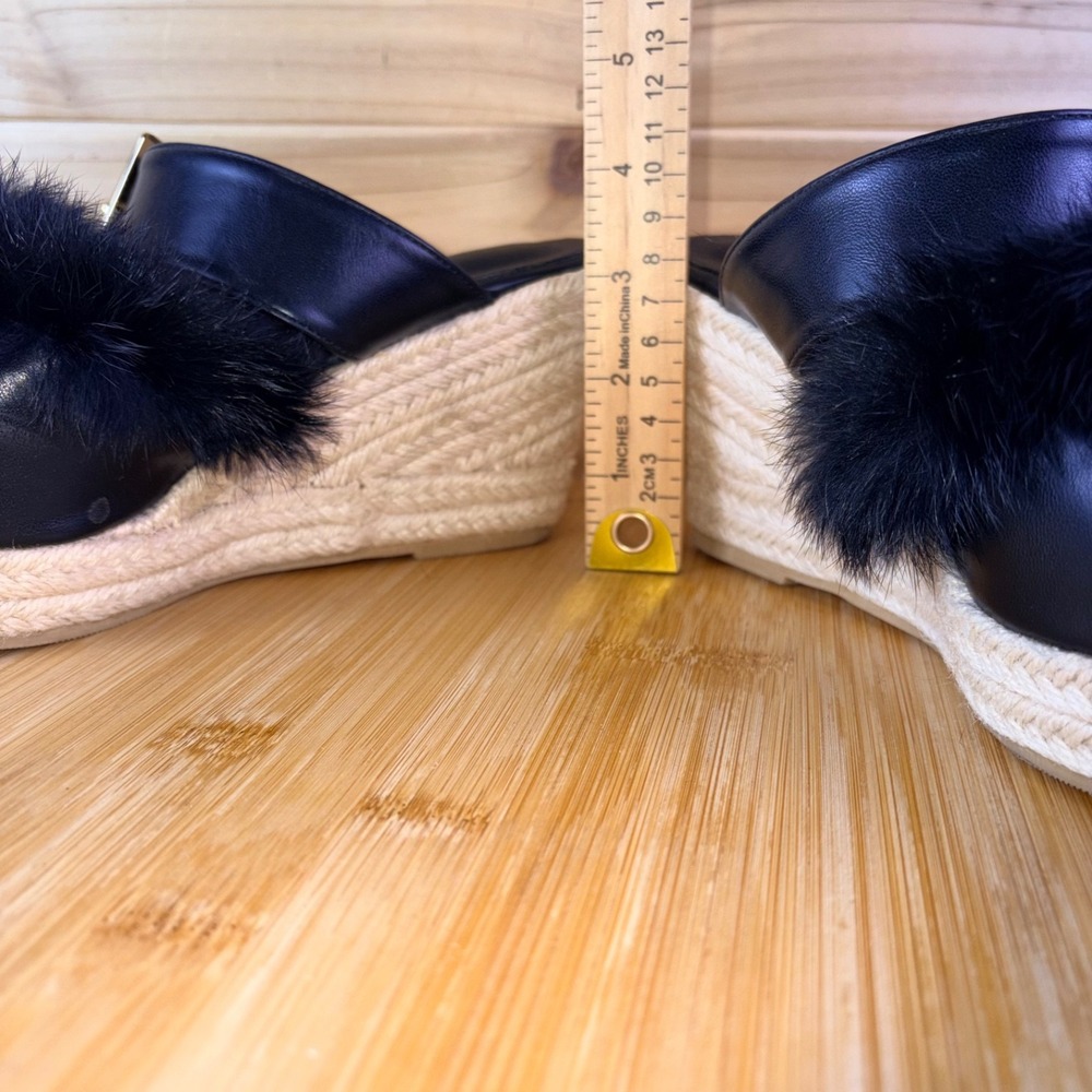 Espadrille Wedge Heels Womens 9 Black Faux Leather Pointed Toe Faux Fur Sandals - Picture 8 of 12